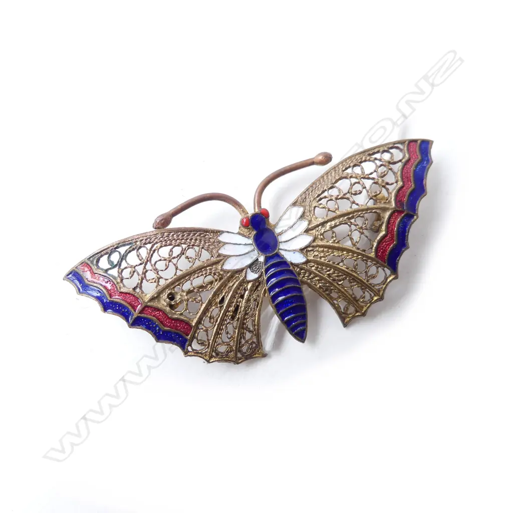 VINTAGE ENAMEL AND METAL BUTTERFLY BROOCH L 60MM Image 1++