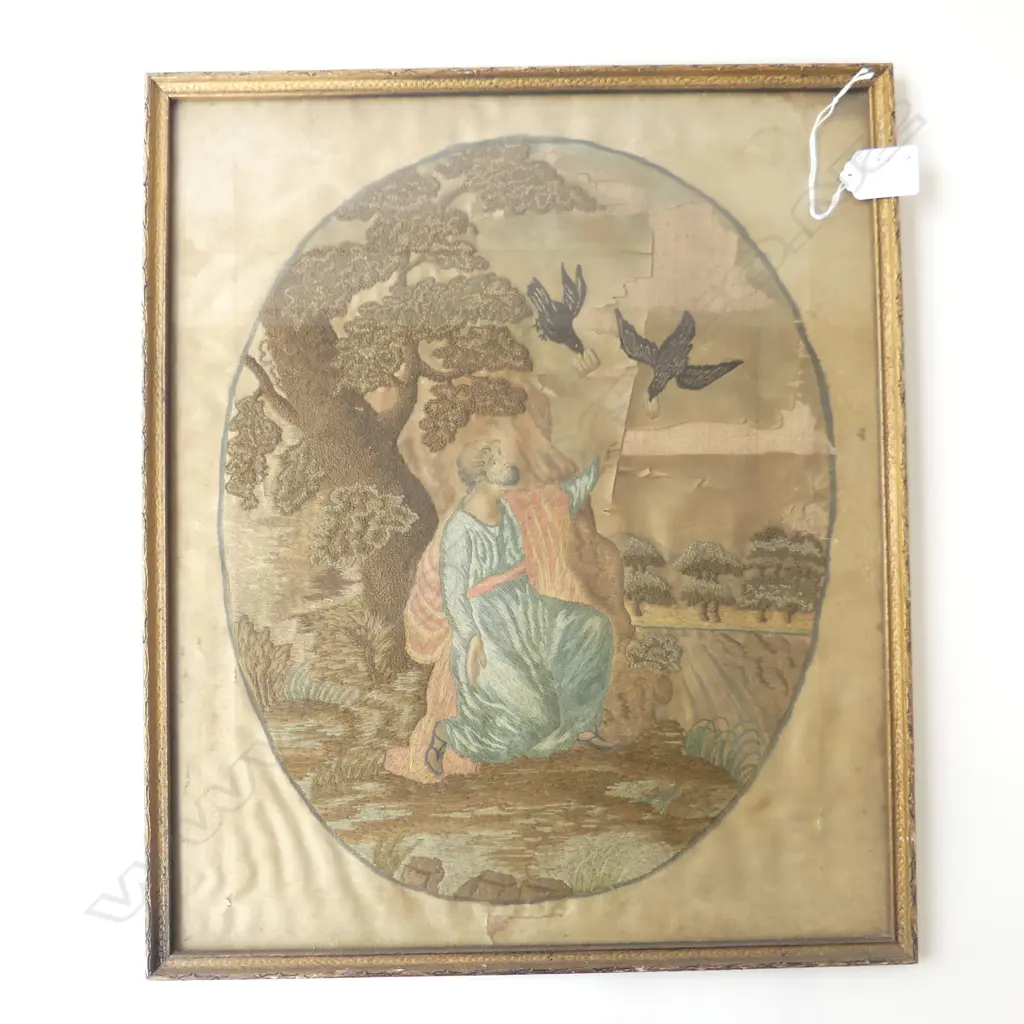 18thC EMBROIDERED SILK PANEL RELIGIOUS FIGURE in landscape w 2 birds 375 x 300mm Image 1++