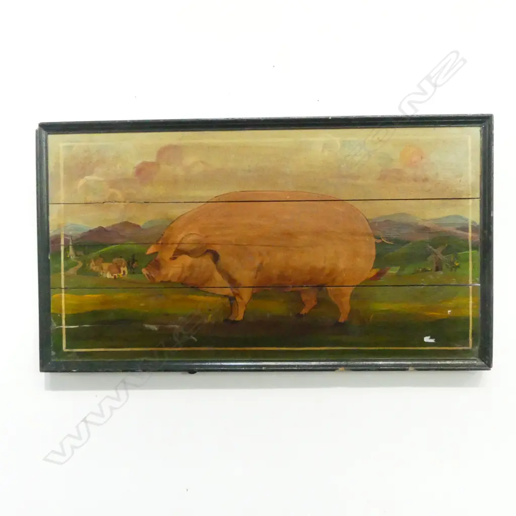ANTIQUE STYLE ARTWORK ON WOODEN BOARDS, PIG IN LANDSCAPE 430x775mm Image 1++