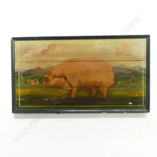 ANTIQUE STYLE ARTWORK ON WOODEN BOARDS, PIG IN LANDSCAPE 430x775mm