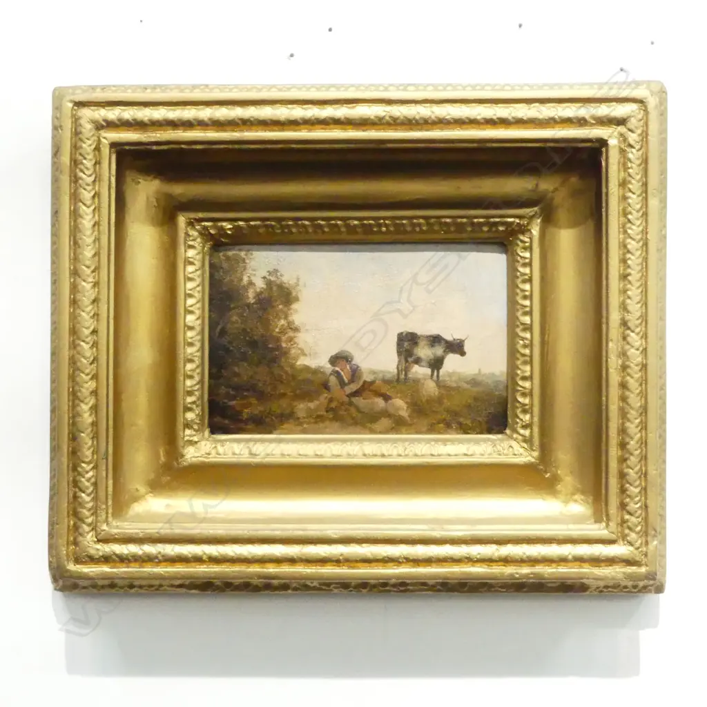 ANTIQUE STYLE ARTWORK, FIGURE w. COW, OIL ON BOARD 100x160mm, GILT FRAME Image 1++