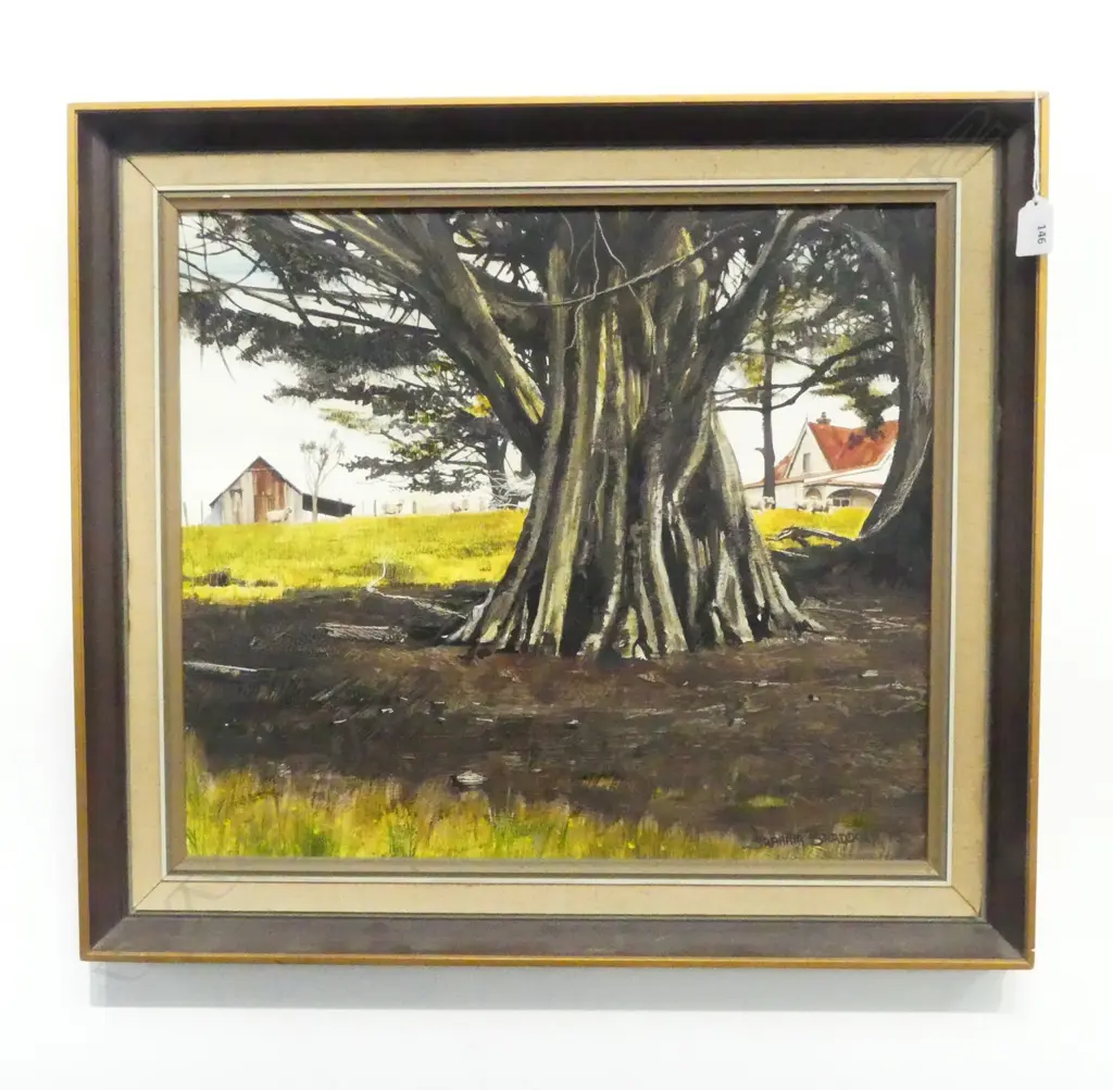 GRAHAM BRADDOCK 'CLAYTON HOMESTEAD & SHED, MILLS FARM, KAIWEKA' ACRYLIC ON BOARD, SIGNED & DATED '75 435x500mm Image 1++