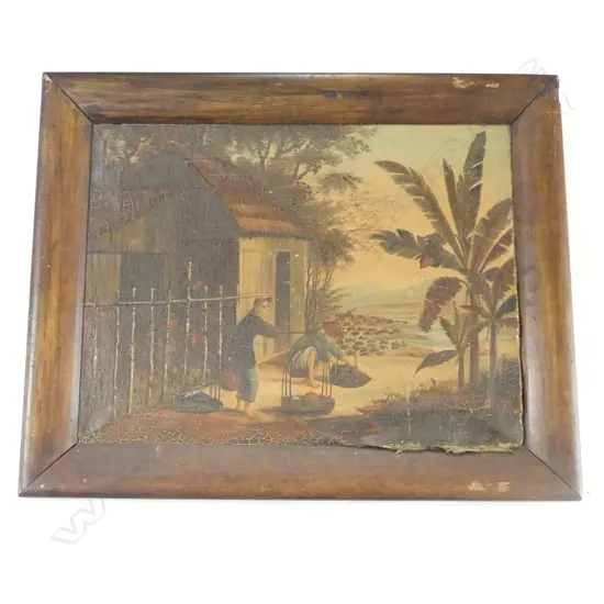 ANTIQUE ARTWORK, 2 ORIENTAL FIGURES IN LANDSCAPE, OIL ON CANVAS, 440x580mm