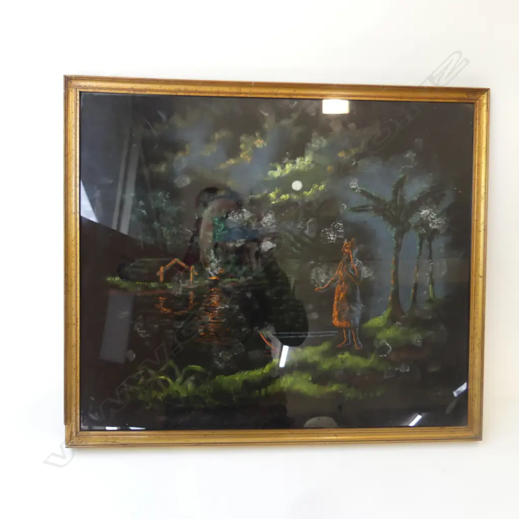 MID CENTURY MAORI WAHINE IN MOONLIGHT PAINTING ON VELVET (FRAME CHIPPED), L.625MM W.540MM Image 1++