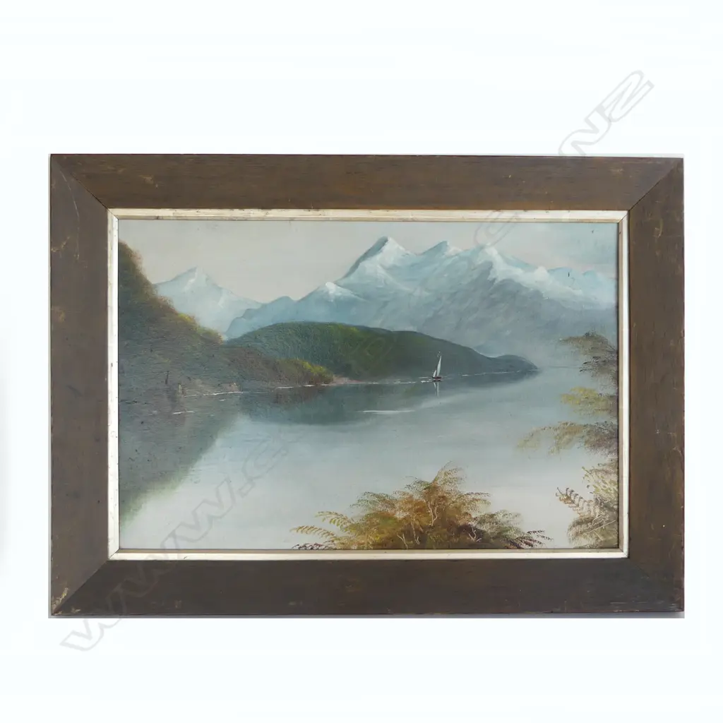(25103) COLONIAL OIL ON BOARD BY HASTINGS Lake & Mountain Scene 380 x 580mm Image 1++