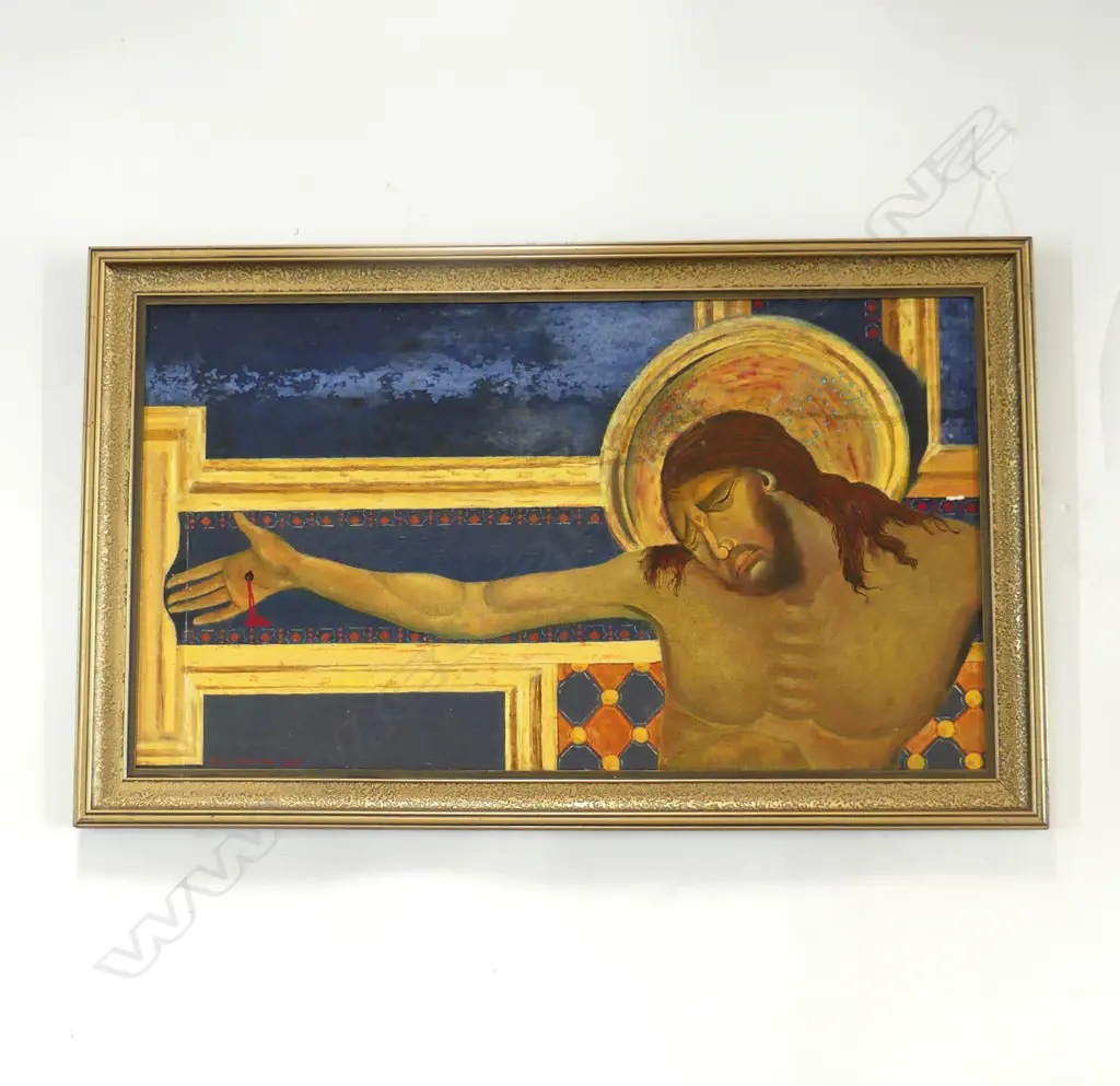 DETAIL of CIMABUE'S 'CHRIST ON THE CROSS', OIL ON BOARD, PAINTED BY WWII VETERAN details verso, 300 X 540mm Image 1++