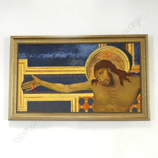 DETAIL of CIMABUE'S 'CHRIST ON THE CROSS', OIL ON BOARD, PAINTED BY WWII VETERAN details verso, 300 X 540mm