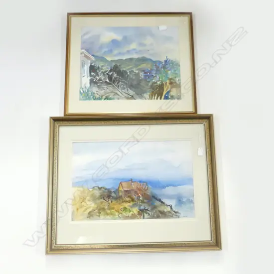 2 L J HEWITT (1928-2010) W/Cs, HOUSE ON HILL 330 x 510mm & 'BLUE BEYOND' 350 x 450mm