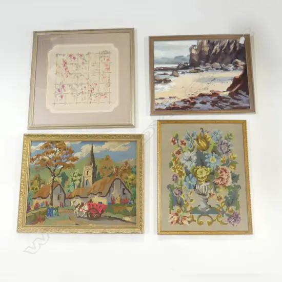 4 ARTWORKS; SIGNED OIL SEASCAPE + 3 FRAMED NEEDLEWORKS
