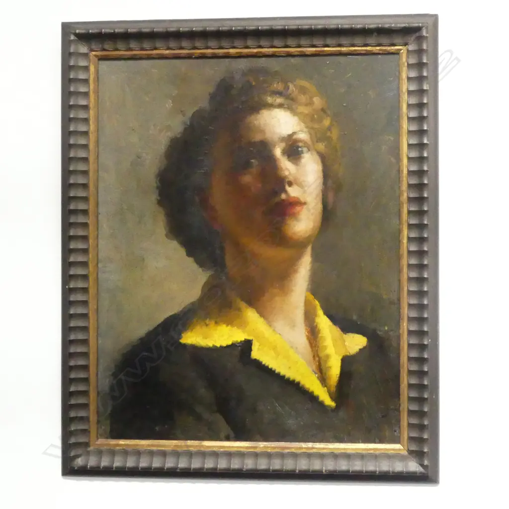 FEMALE PORTRAIT (yellow collar), ARTIST UNKNOWN, OIL ON BOARD, 470 x 370mm Image 1++