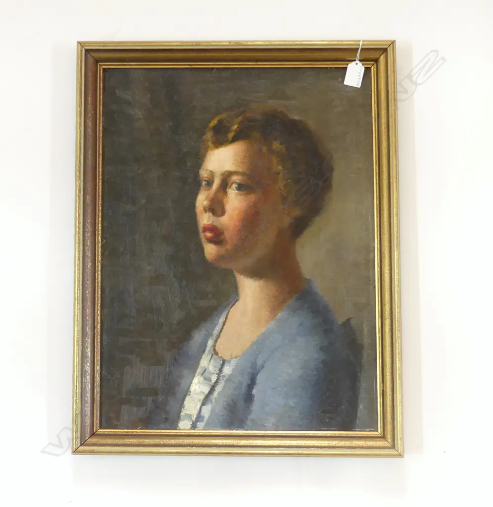 FEMALE PORTRAIT (blue top), ARTIST UNKNOWN, OIL ON BOARD 520 x 390mm Image 1++