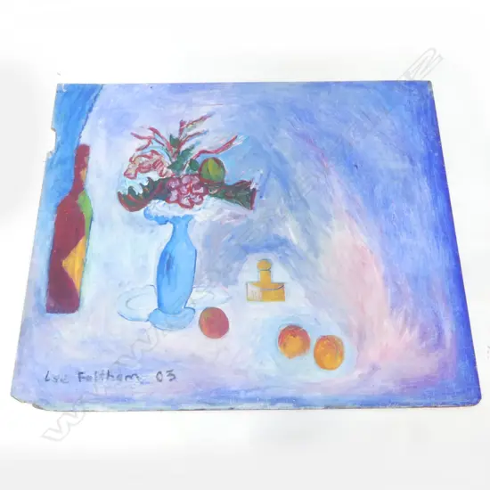 LEE FELTHAM DOUBLE SIDED ARTWORK; LANDSCAPE / BLUE STILL LIFE ACRYLIC ON BOARD '03 1000x1200mm