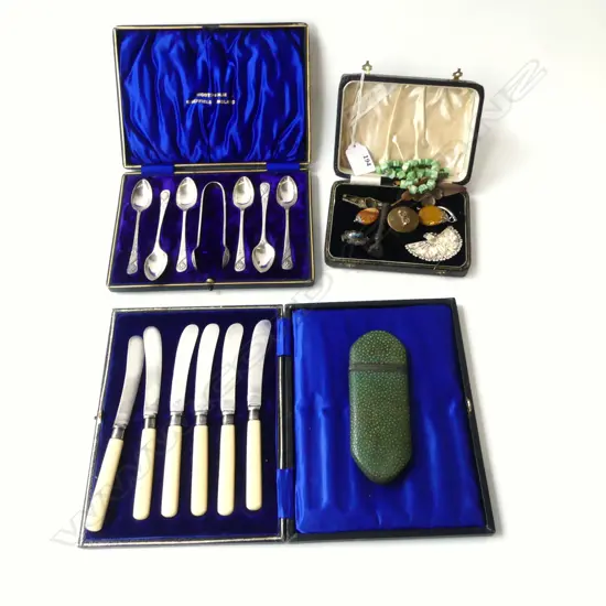 4 CASES; 2 w. CUTLERY, 1 COSTUME JEWELLERY, 1 SHAGREEN GLASSES CASE (EMPTY)