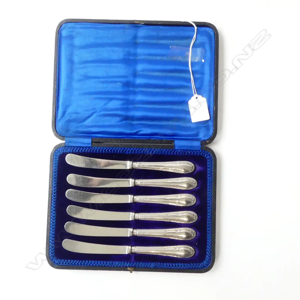 SET OF 6 STG SILVER HANDLED PATE KNIVES SHEFFIELD 1911 IN CASE, L.170MM Image 1++