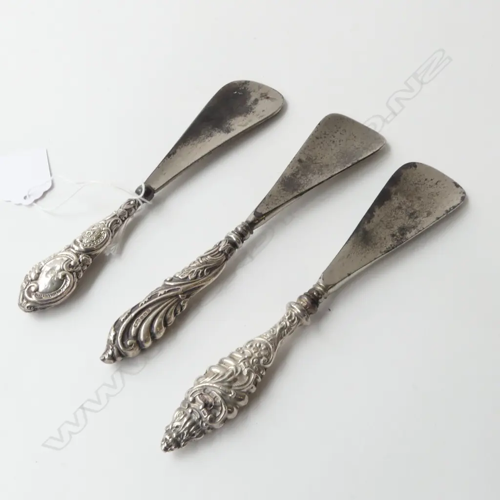 3 ANTIQUE STG SILVER HANDLED SHOEHORNS BIRMINGHAM 1903-1911, L.180MM Image 1++