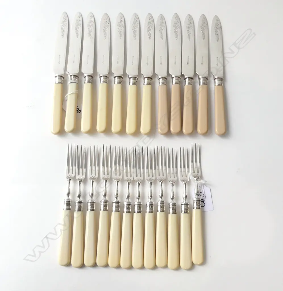 12 SETTING SILVER COLLARED CASEINE HANDLED DESSERT FORKS & KNIVES Image 1++