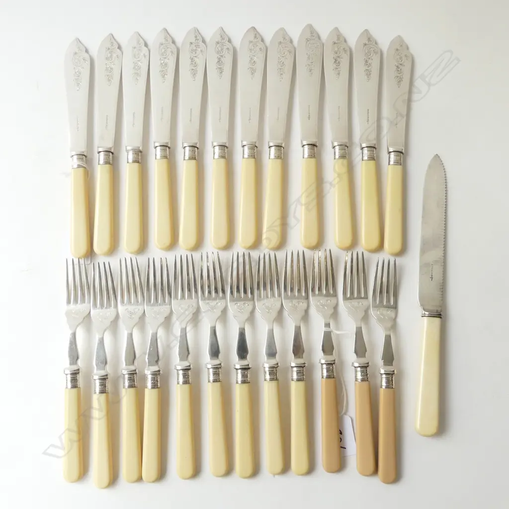 12 SETTING SILVER COLLARED CASEINE HANDLED FISH SET; KNIVES, FORKS & A SERVER Image 1++