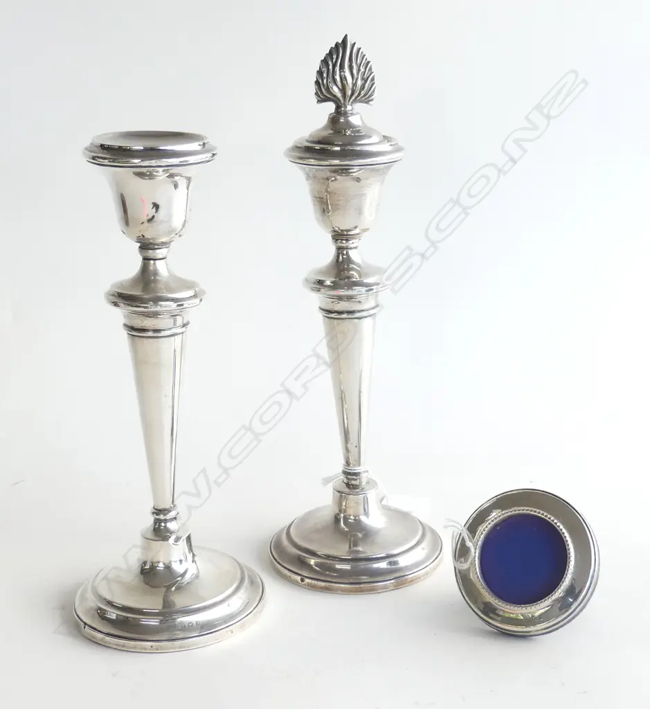 PAIR STERLING SILVER CANDLESTICKS ONE WITH SCONCE B/HM 1912 H.220 & CIRCULAR FRAME 1989 Dia 70mm  Image 1++