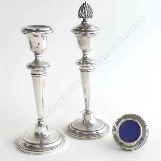 PAIR STERLING SILVER CANDLESTICKS ONE WITH SCONCE B/HM 1912 H.220 & CIRCULAR FRAME 1989 Dia 70mm 