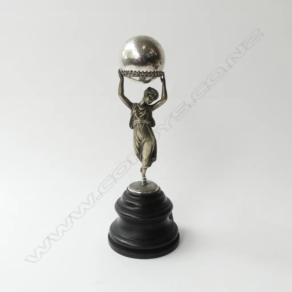 OLD BOWLING TROPHY FIELDING 1899, MADE GLASGOW 1897, STERLING BALL ON TOP 210gm, H.300mm Image 1++