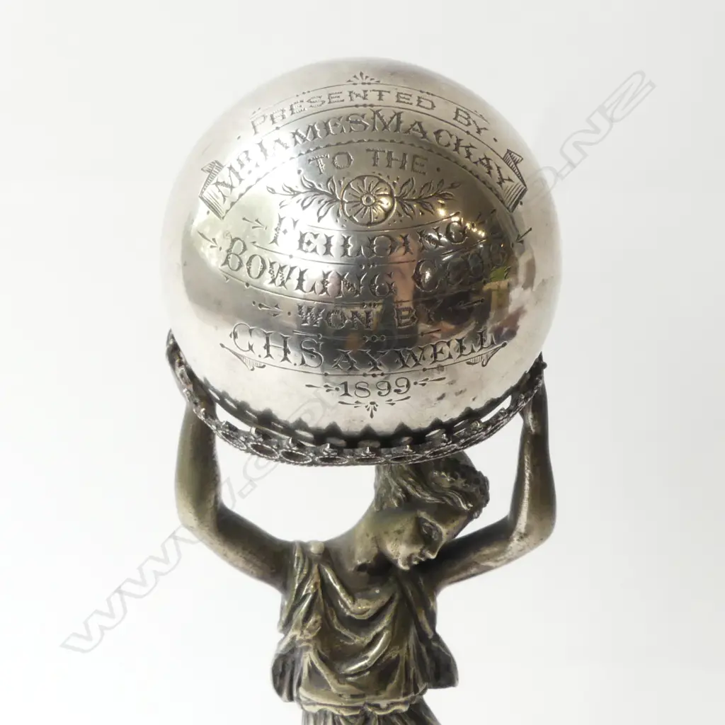 OLD BOWLING TROPHY FIELDING 1899, MADE GLASGOW 1897, STERLING BALL ON TOP 210gm, H.300mm Image 1++