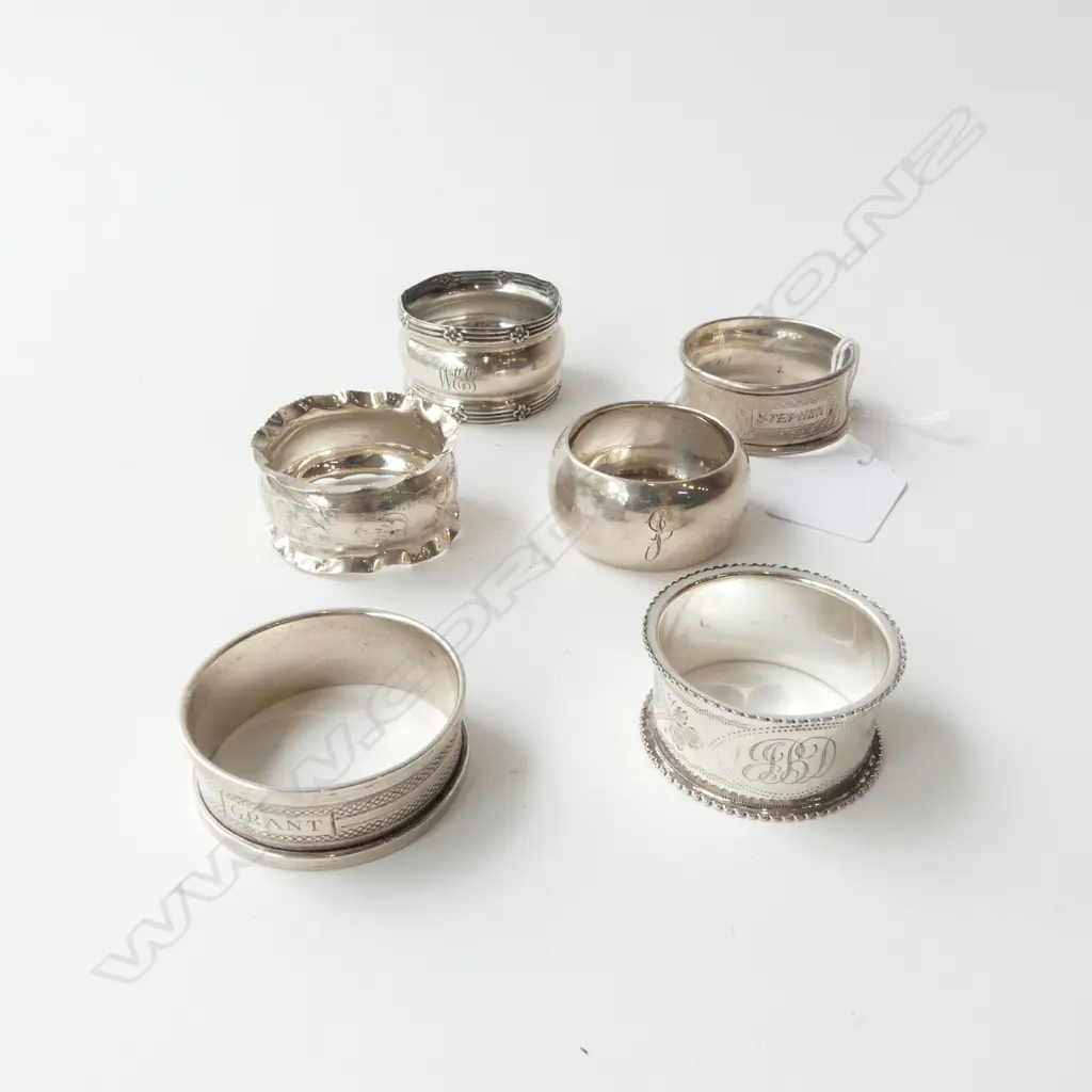 SIX STG SILVER ENGLISH NAPKIN RINGS CHESTER 1903 BIRM 1921 ETC W. INITIALS Image 1++