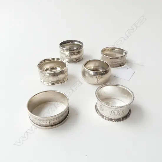 SIX STG SILVER ENGLISH NAPKIN RINGS CHESTER 1903 BIRM 1921 ETC W. INITIALS