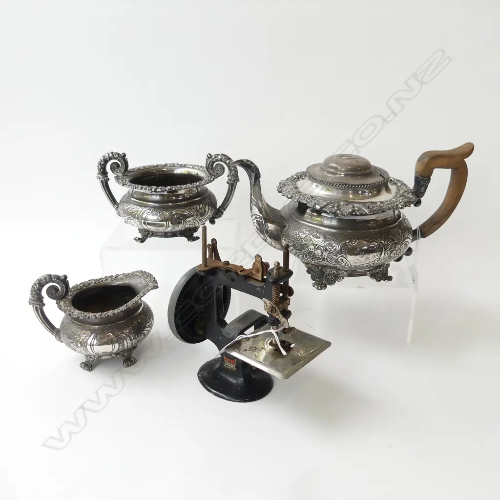 LATE VICTORIAN PLATED TEA SERVICE ,LID NEEDS REPAIR, & OLD CHILDS SEWING MACHINE AUSTRALIAN MADE Image 1++