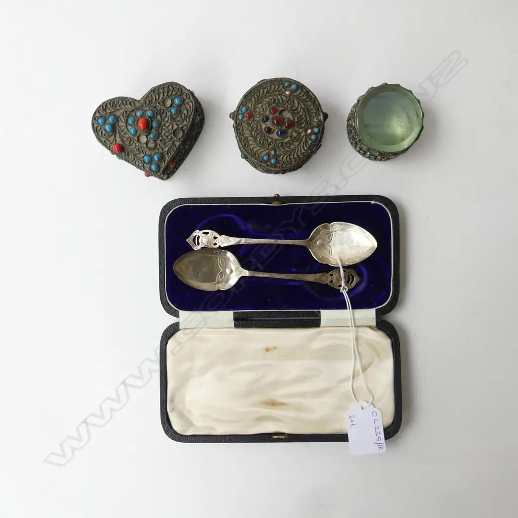 3 ETHNIC LIDDED CONTAINERS + PR STG SILVER ARTS & CRAFT SPOONS, 25gms, CASED Image 1++