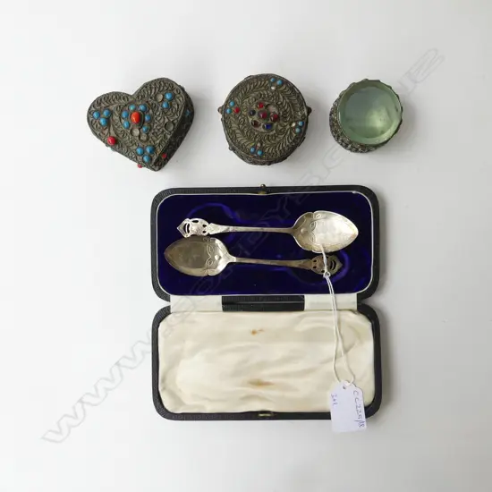 3 ETHNIC LIDDED CONTAINERS + PR STG SILVER ARTS & CRAFT SPOONS, 25gms, CASED