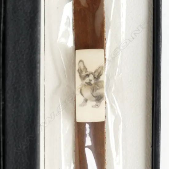CARVED MAMMOTH TUSK IVORY PANELLED cat scrimshaw & LEATHER BRACELET with certificate. In box