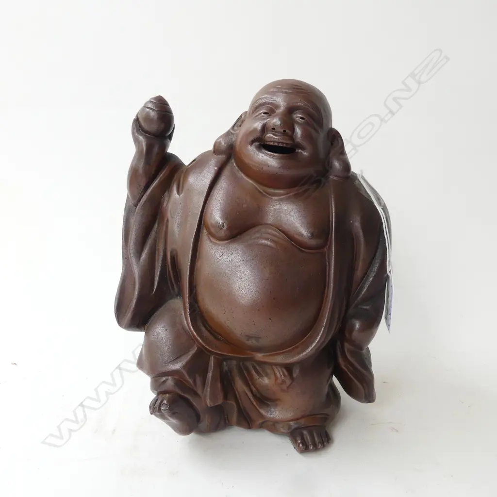 JAPANESE DARK GLAZED TERRACOTTA HAPPY HOTEI his corpulent belly exposed H.210mm Image 1++