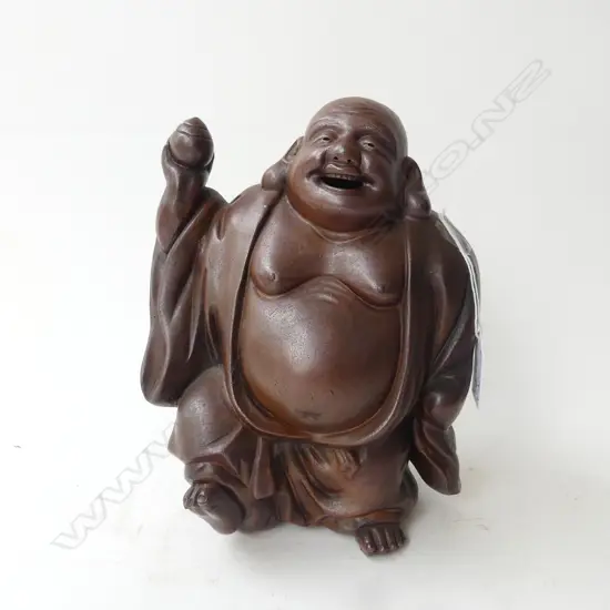 JAPANESE DARK GLAZED TERRACOTTA HAPPY HOTEI his corpulent belly exposed H.210mm