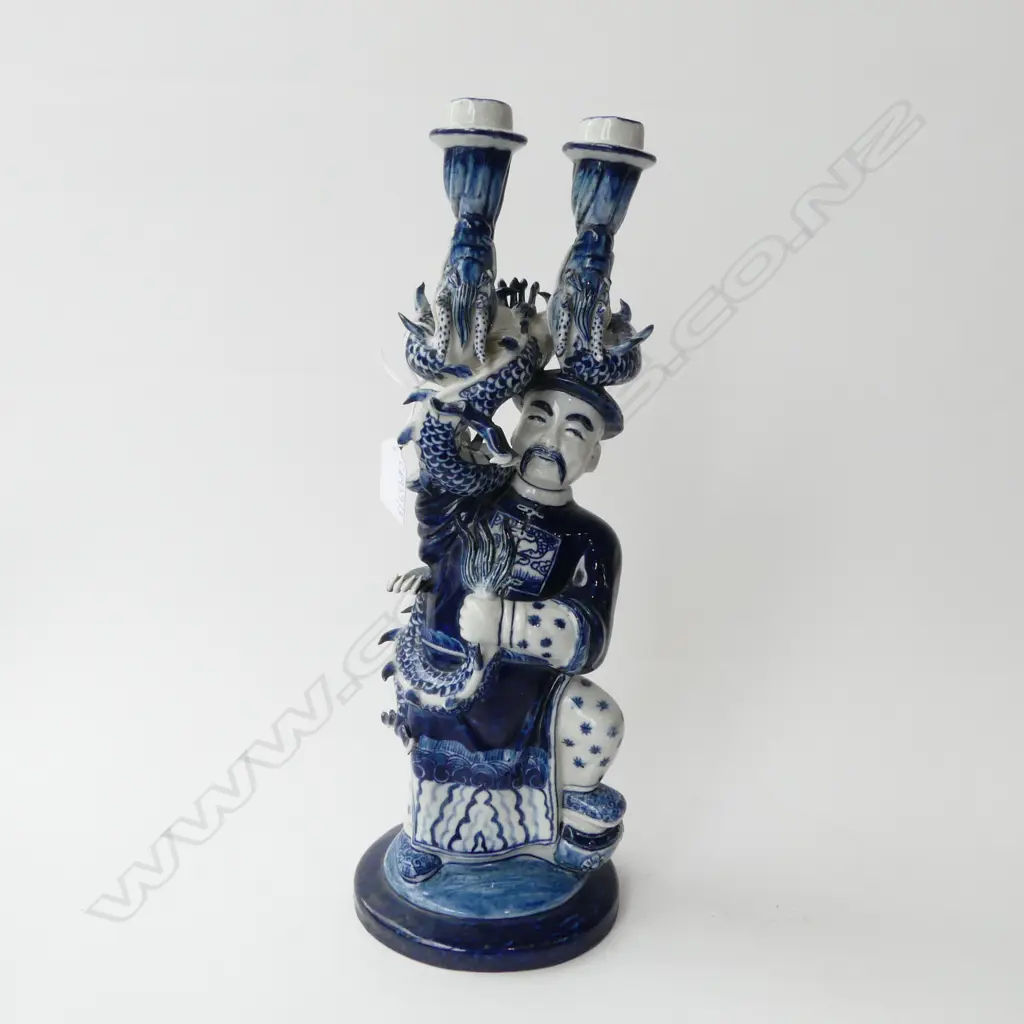CHINESE B/W DOUBLE CANDEHOLDER; FIGURE w. DRAGON Image 1++