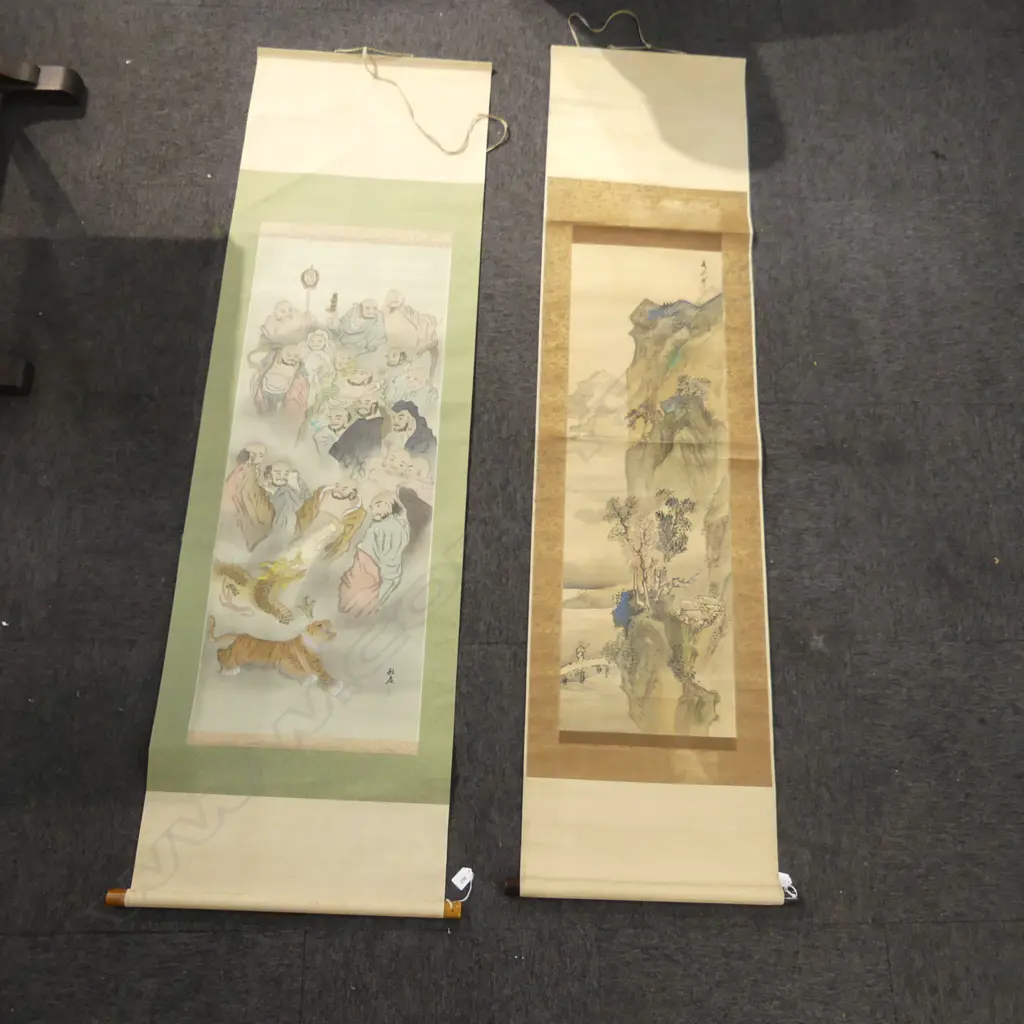 2 VINTAGE ORIENTAL SCROLLS PAINTED 1 with scholars the other an extensive mountainous landscape Image 1++