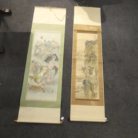 2 VINTAGE ORIENTAL SCROLLS PAINTED 1 with scholars the other an extensive mountainous landscape