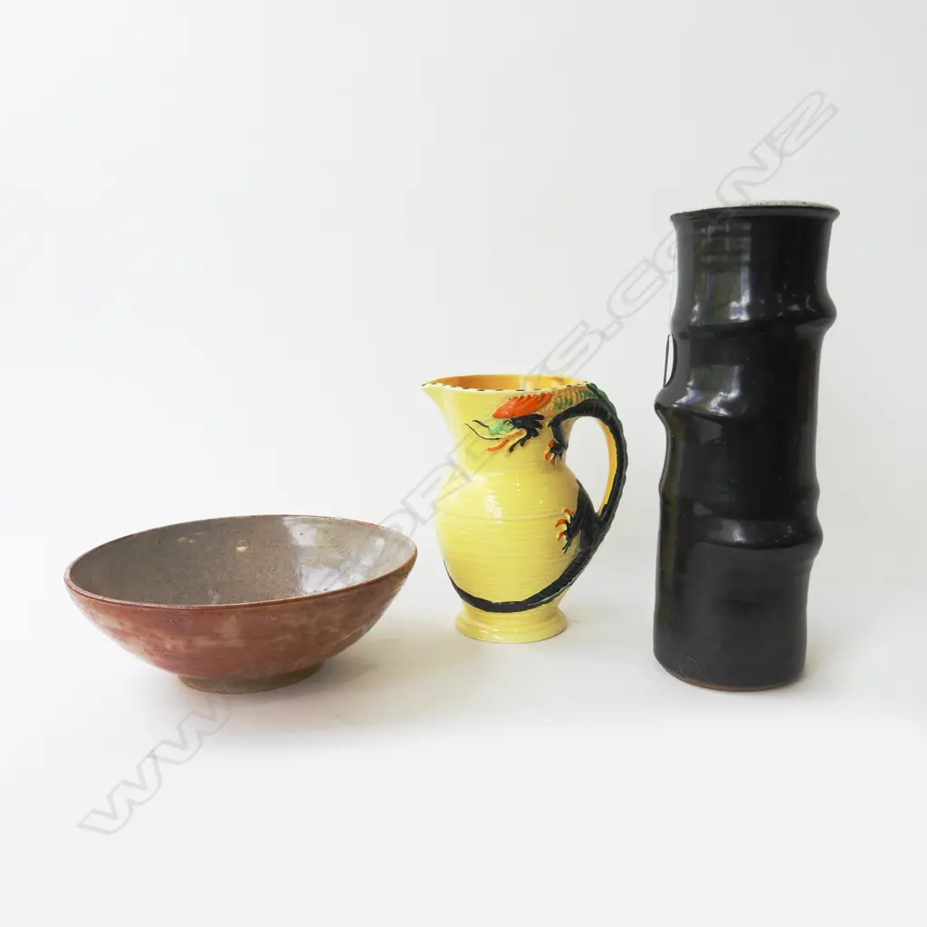 2 PCES STUDIO POTTERY; VASE H.315mm, BOWL 240mm dia + YELLOW BURLEIGHWARE JUG w. DRAGON HANDLE Image 1++