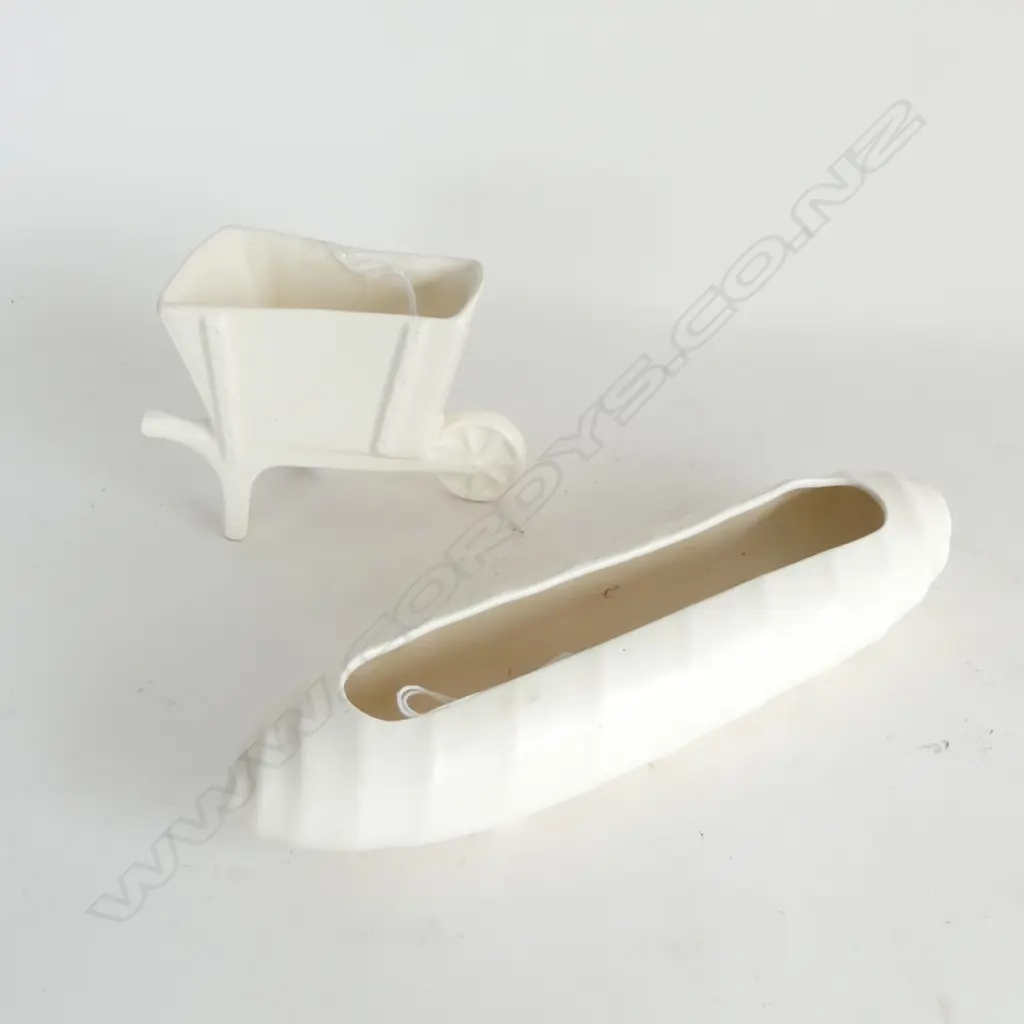 TWO CROWN LYNN MOULDED ITEMS, SMALL BARROW L.120mm &  CIGAR SHAPED TROUGH L. 230mm  Image 1++