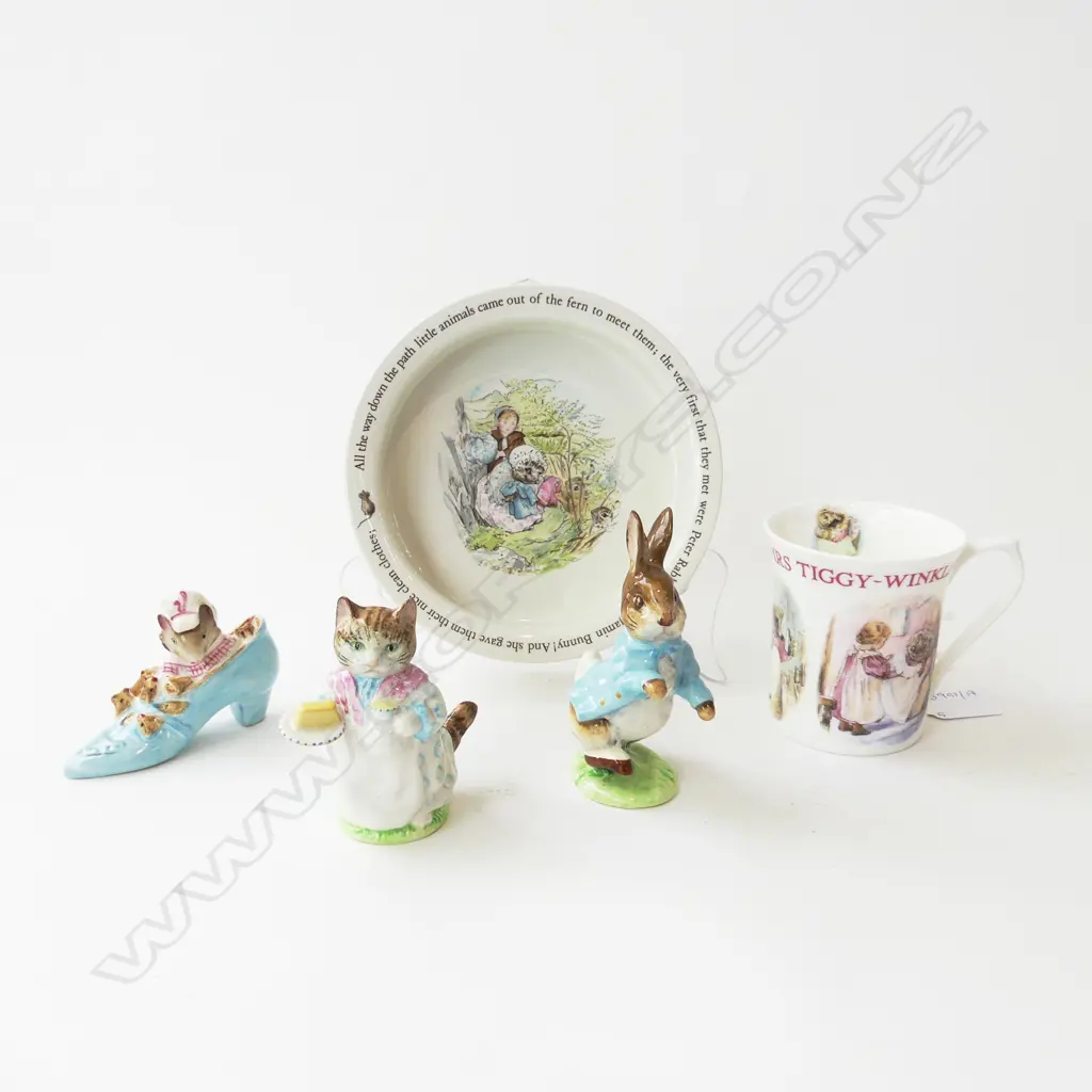 5 PCES BEATRIX POTTER; BOWL 170mm dia, MUG, 3 BESWICK FIGURINES Image 1++