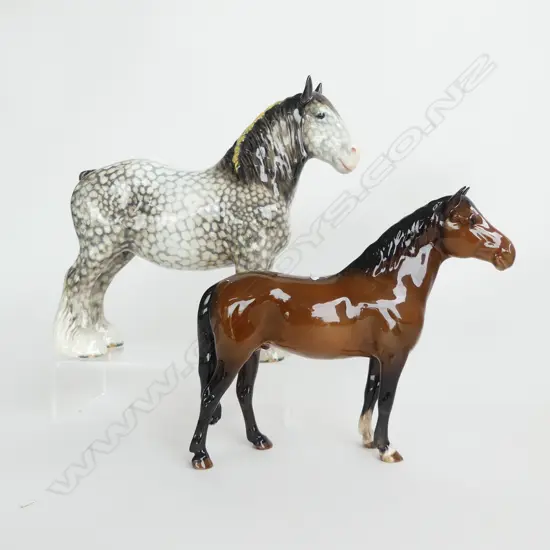 2 BESWICK HORSES, BOTH w. REPAIRED LEG, SHIRE MARE DAPPLE GREY H.215mm, PINTO PONY