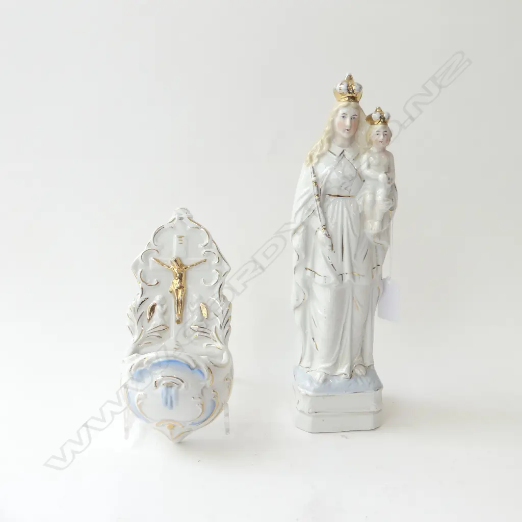 2 PORCELAIN RELIGIOUS ITEMS; MADONNA & CHILD STATUETTE & FONT  Image 1++