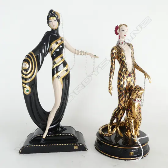 2 FRANKLIN MINT HOUSE OF ERTE FIGURINES; LEOPARD & PEARLS & EMERALDS H.250mm