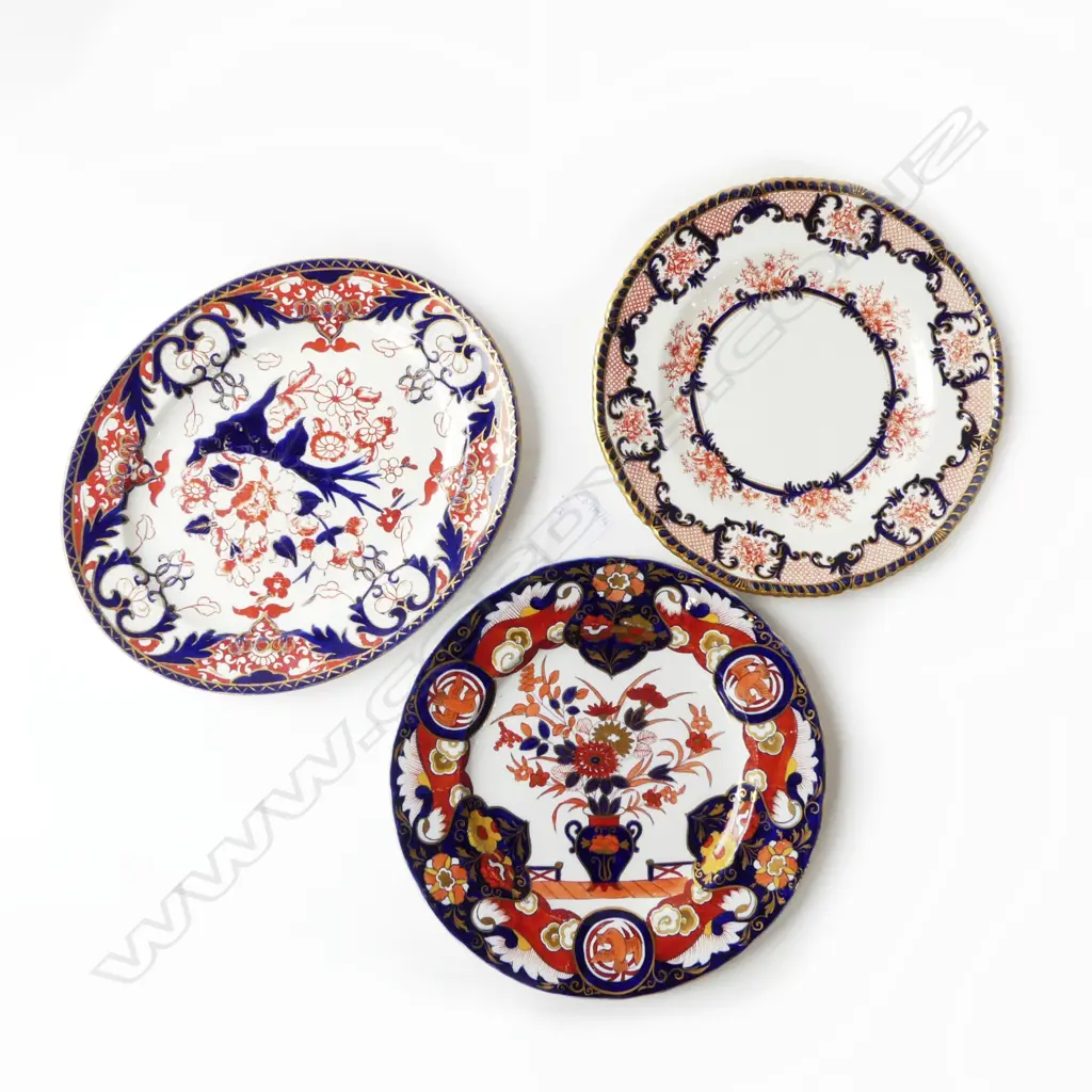 3 19thC IMARI PLATES; 2 ROYAL CROWN DERBY, 1 MASONS 265mm dia Image 1++