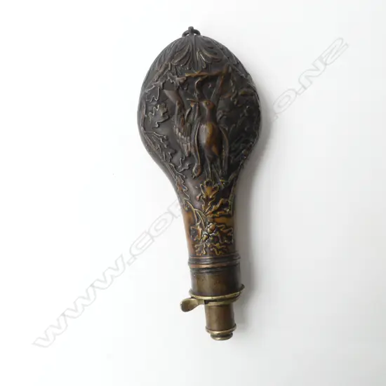 ANTIQUE POWDER FLASK; BIRD & OAK LEAF DESIGN L.210mm