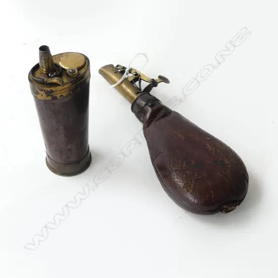 2 ANTIQUE POWDER FLASKS; LEATHER ONE LOADED L.195mm