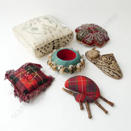 SIX ANTIQUE & VINTAGE SEWING PIN CUSHIONS BEADED ETC, L.100MM-180MM