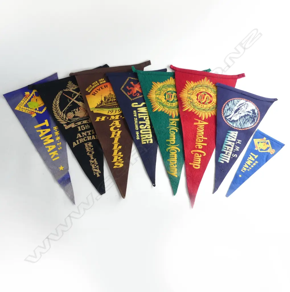 8 VINTAGE NZ MILITARY PENNANTS (SMALL FLAGS) INCLDS; HMS WAKEFUL, SWIFTFIRE, ACHILLIES & TAMAKI Image 1++