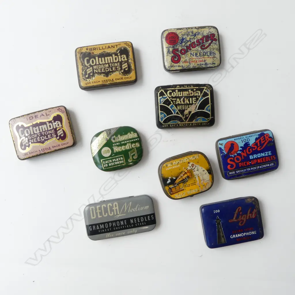 NINE GRAMOPHONE NEEDLE TINS WITH NEEDLES HMV COLUMBIA ETC   Image 1++
