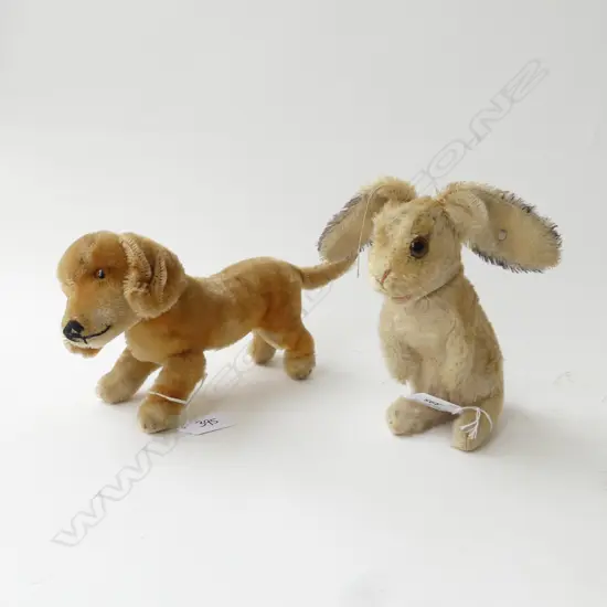 2 VINTAGE STEIFF SOFT TOYS c.1950, DACKELHUND & RABBIT, MOHAIR, STEIFF BUTTONS IN EARS, H.120 & 150mm (aged condition)