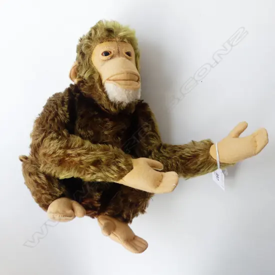VINTAGE STEIFF SOFT TOY CHIMPANZEE 1954-64, SHORT MOHAIR w STEIF BUTTON (aged condition)